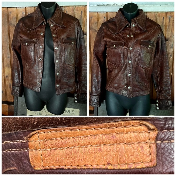 Vintage East West Musical Instruments Leather Jacket 60s 70s Rocker XS Brown - Picture 7 of 16